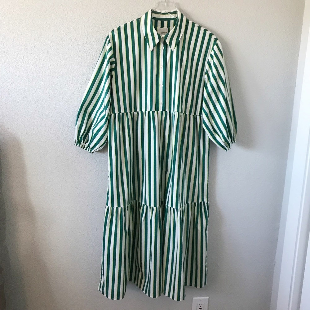 Maeve Anthropologie The Bettina Size S Tiered Striped Cotton Midi Shirt Dress - Picture 2 of 11